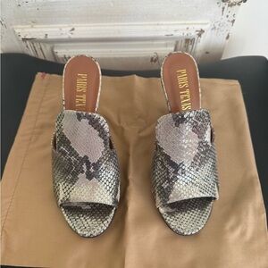 Excellent Condition Paris Texas Metallic Python Heeled Mules Size 7